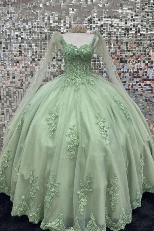 Sweetheart Tulle Sage Quinceanera Dresses Lace Appliques Ball Gown with Cape