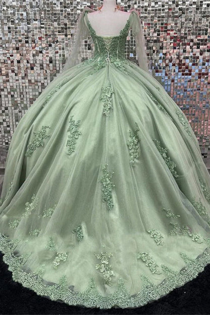 Sweetheart Tulle Sage Quinceanera Dresses Lace Appliques Ball Gown with Cape