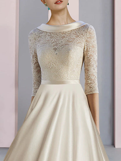 Sheath / Column Mother of the Bride Dress Wedding Guest Party Elegant Scoop Neck Tea Length Satin Lace Half Sleeve with Bow(s)