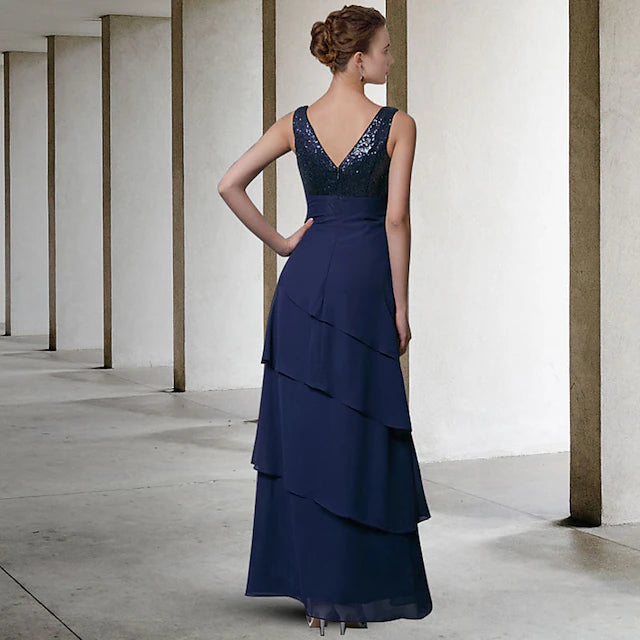 A-Line Mother of the Bride Dress Elegant V Neck Floor Length Chiffon Sequined Sleeveless Wrap Included with Sequin