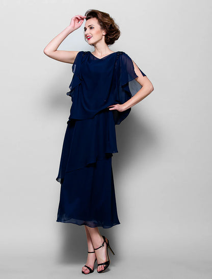 Aimishang  A-Line Mother of the Bride Dress Plus Size Elegant Cowl Neck Tea Length Chiffon Short Sleeve with Ruffles Crystal Brooch