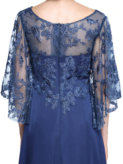Sheath / Column Mother of the Bride Dress Elegant See Through Bateau Neck Ankle Length Chiffon Lace Half Sleeve