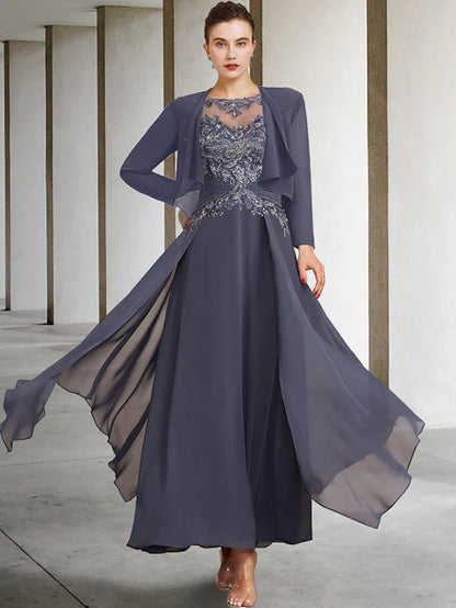 Two Piece A-Line Plus Size Curve Mother of the Bride Dress Elegant Jewel Neck Ankle Length Chiffon Lace Short Sleeve Wrap Included with Ruched Appliques