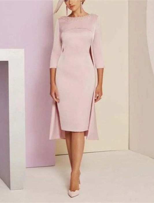 Two Piece Sheath / Column Mother of the Bride Dress Kentucky Derby Dresses Formal Wedding Guest Elegant Jewel Neck Knee Length Sequined Italy Satin 3/4 Length Sleeve with Crystals Beading