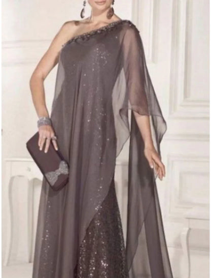 Sheath Mother of the Bride Dress Cape Dress Wedding Guest Elegant Party Sparkle & Shine One Shoulder Sweep / Brush Train Chiffon Lace Sleeveless with Pleats Sequin