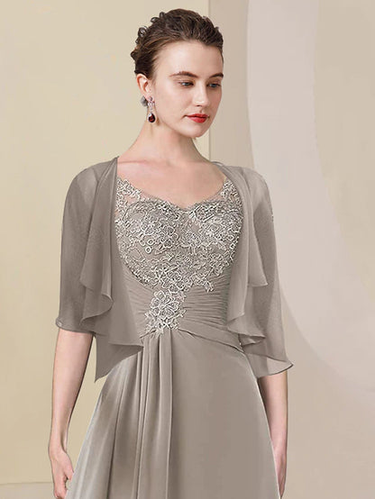 Two Piece A-Line Mother of the Bride Dress Formal Wedding Guest Elegant High Low V Neck Asymmetrical Tea Length Chiffon Lace Half Sleeve Wrap Included with Ruched