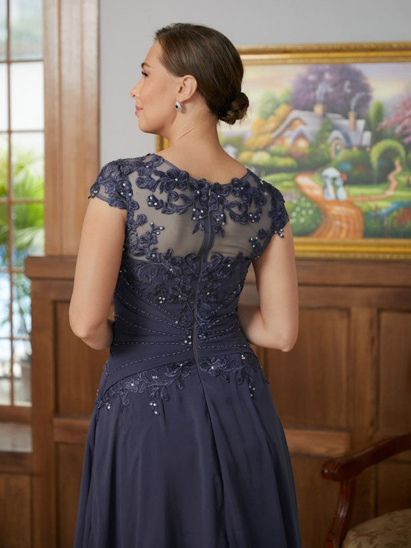Aimishang A-Line/Princess Chiffon Applique Scoop Short Sleeves Asymmetrical Mother of the Bride Dresses