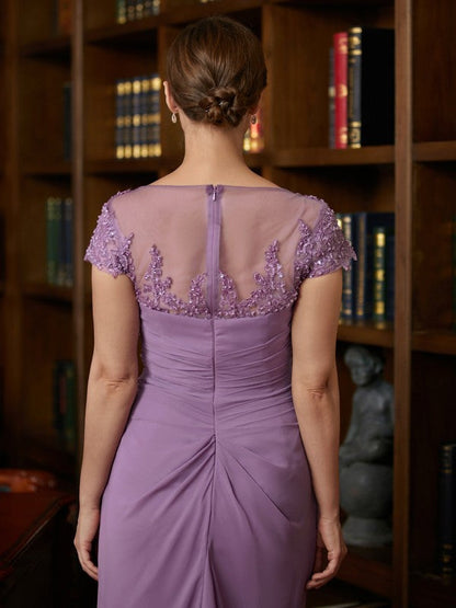 Aimishang Sheath/Column Chiffon Applique Scoop Short Sleeves Tea-Length Mother of the Bride Dresses
