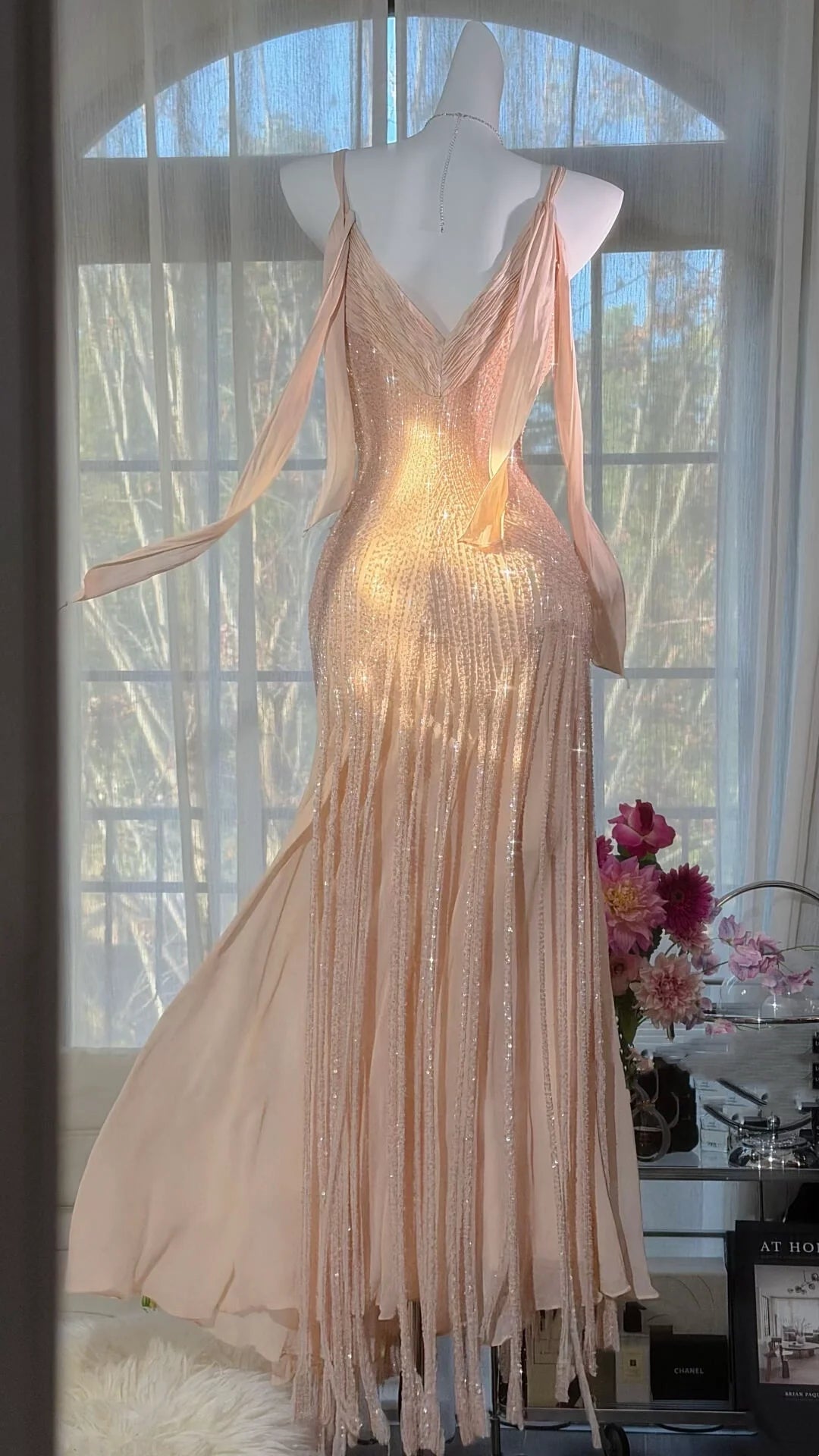 Pink shimmering elegant long tulle dress gh7075