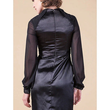 Sheath / Column Mother of the Bride Dress Queen Anne Floor Length Chiffon Stretch Satin Long Sleeve with Sash / Ribbon Beading Side Draping