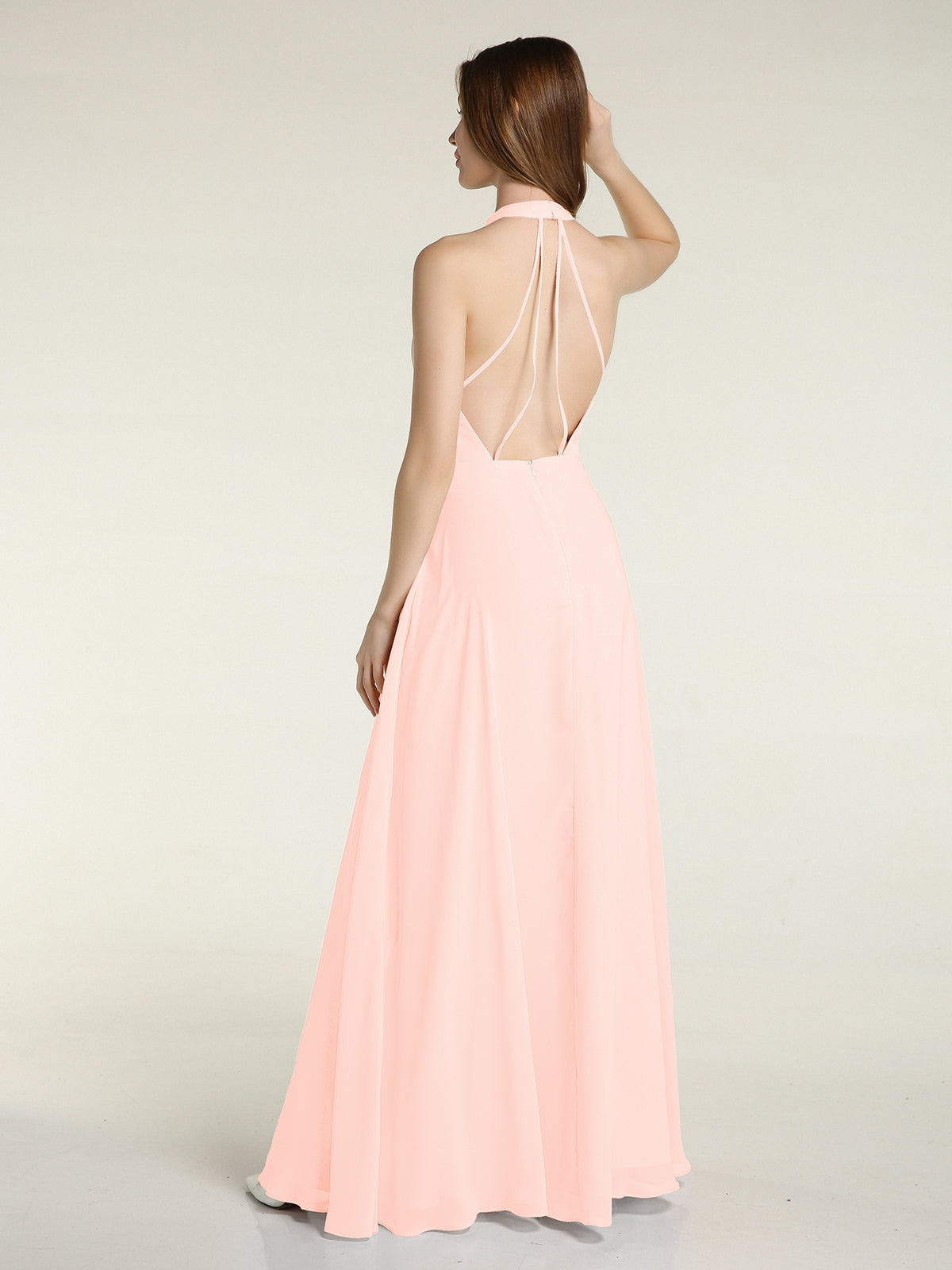 Halter Chiffon Long Bridesmaid Gowns with Low Back-Pearl Pink