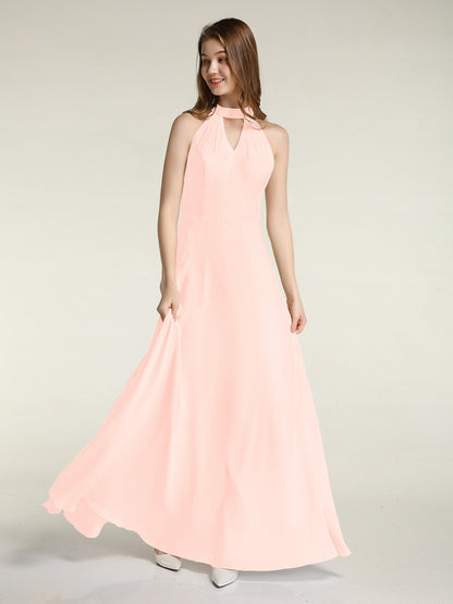 Halter Chiffon Long Bridesmaid Gowns with Low Back-Pearl Pink