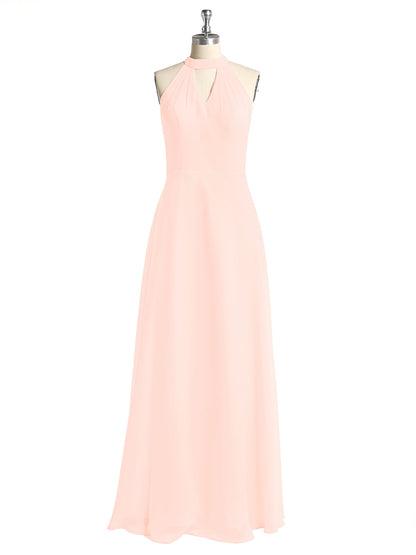 Halter Chiffon Long Bridesmaid Gowns with Low Back-Pearl Pink