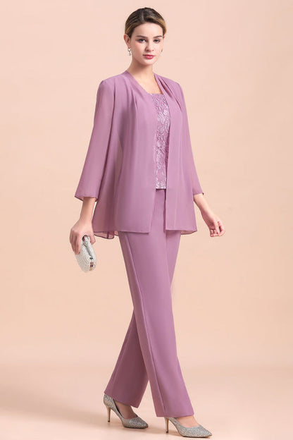 Three Pieces Mother of the Bride Dresses Lilac Chiffon Wedding Wear Outfits