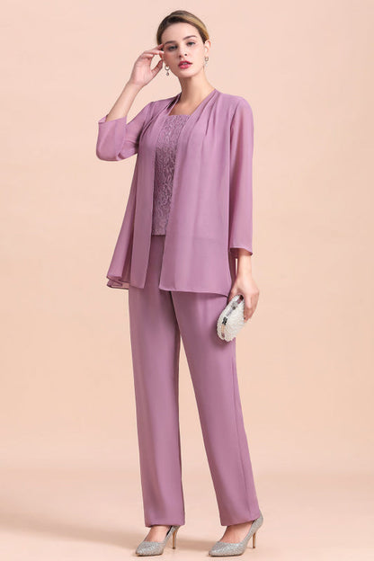 Three Pieces Mother of the Bride Dresses Lilac Chiffon Wedding Wear Outfits