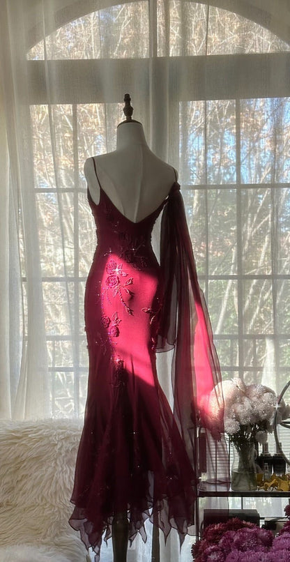 Red floral beading elegant long chiffon ball gown evening dress party dress gh4761