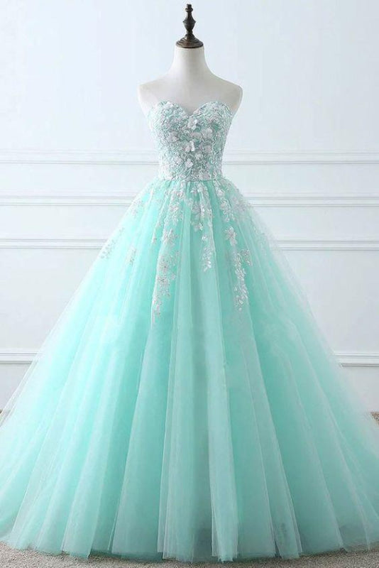 Tiffany Blue Sweetheart Puffy Tulle Prom with Lace Appliques Long Graduation Dress