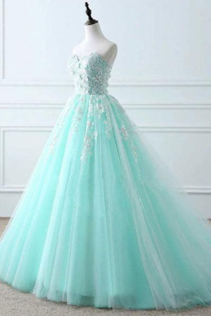 Tiffany Blue Sweetheart Puffy Tulle Prom with Lace Appliques Long Graduation Dress
