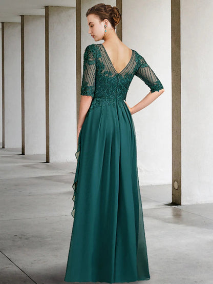 A-Line Mother of the Bride Dress Luxurious Elegant Jewel Neck Floor Length Chiffon Lace Half Sleeve with Pleats Beading