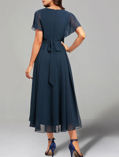 A-Line Wedding Guest Dresses Elegant Dress Cocktail Party Church Tea Length Short Sleeve V Neck Belt / Sash Chiffon with Crystals 2025