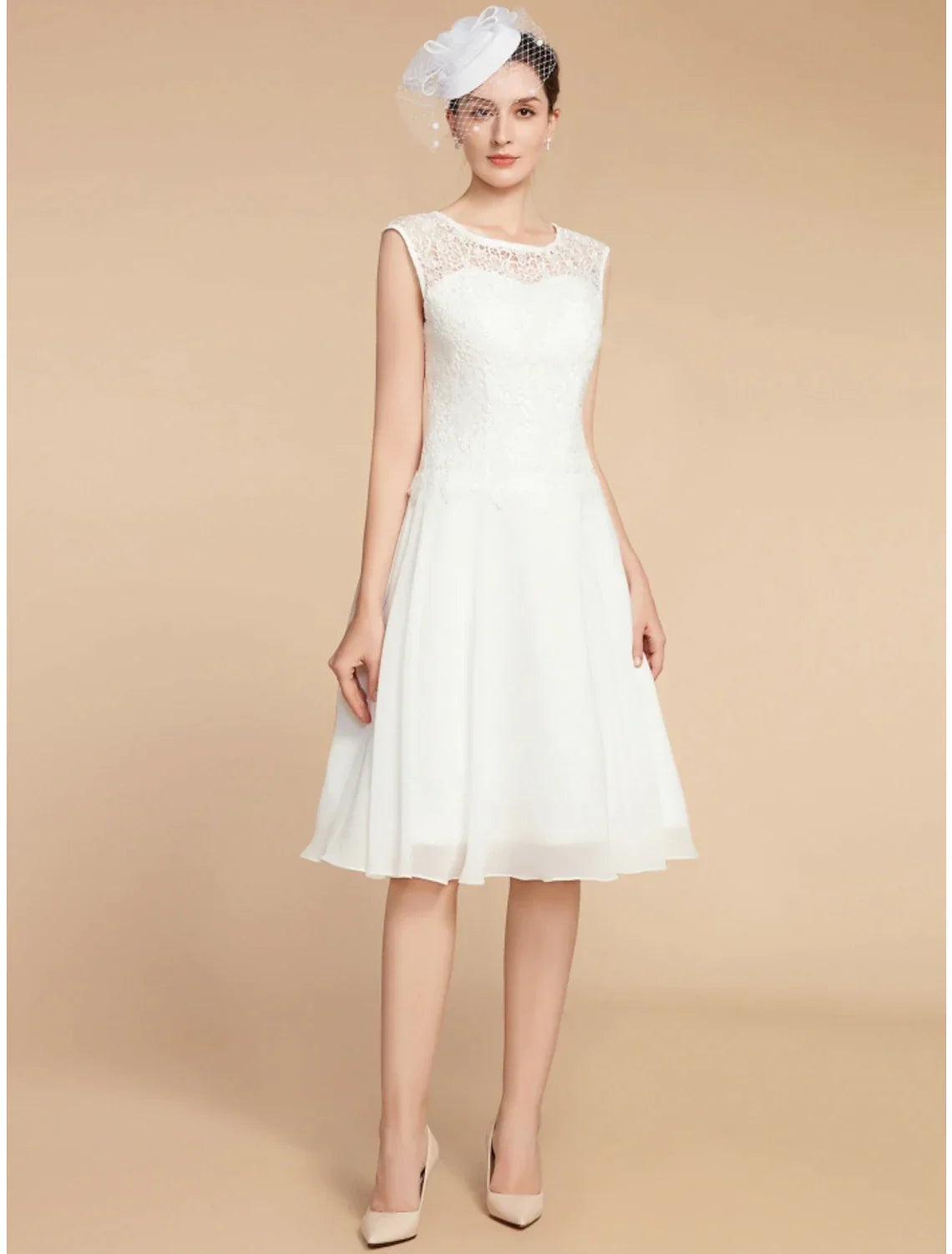 Two Piece A-Line Mother of the Bride Dress Wedding Guest Elegant Petite Jewel Neck Knee Length Chiffon Lace 3/4 Length Sleeve with Pleats Solid Color