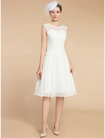 Two Piece A-Line Mother of the Bride Dress Wedding Guest Elegant Petite Jewel Neck Knee Length Chiffon Lace 3/4 Length Sleeve with Pleats Solid Color