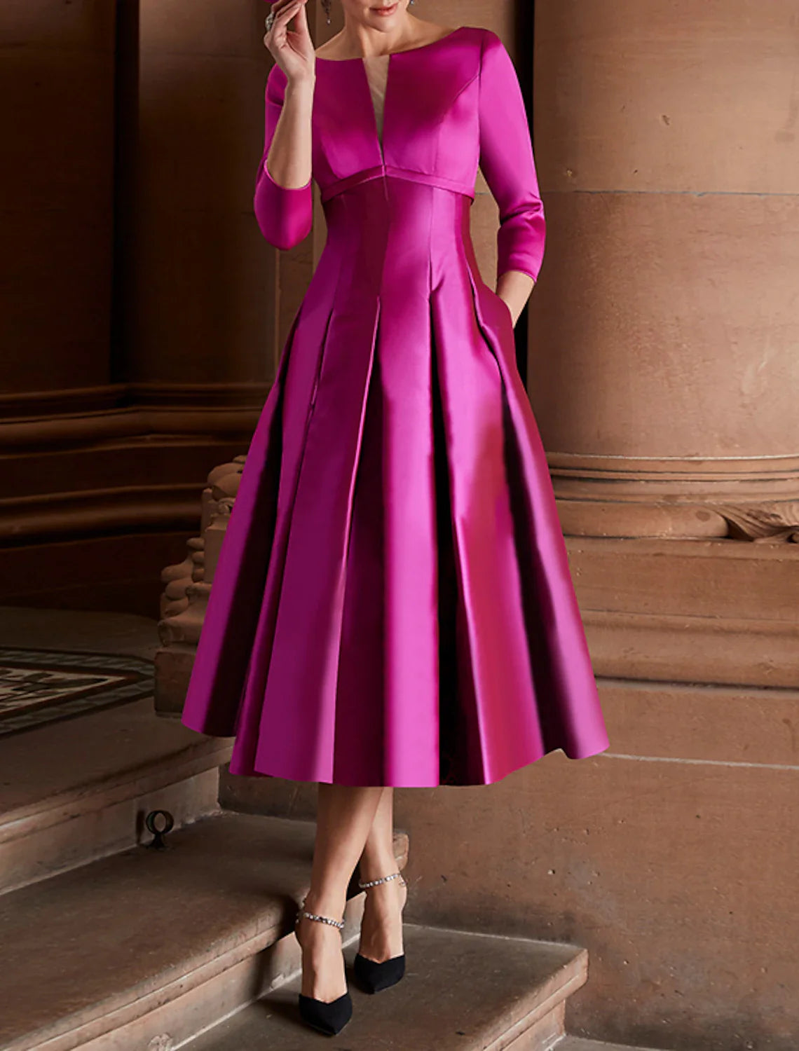A-Line Cocktail Dresses Minimalist Dress Christmas Red Green Dress Wedding Guest Tea Length 3/4 Length Sleeve Jewel Neck Fall Wedding Guest Satin with Pleats 2025