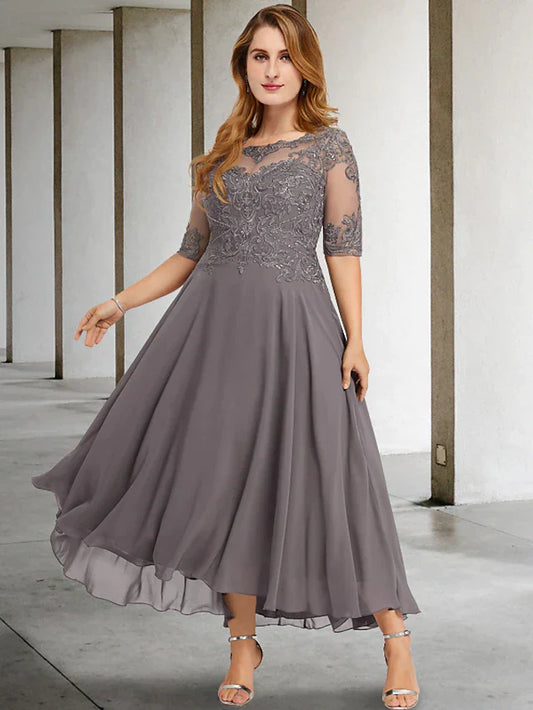 A-Line Plus Size Curve Mother of the Bride Dresses Elegant Dress Formal Asymmetrical Half Sleeve Jewel Neck Chiffon with Beading Appliques