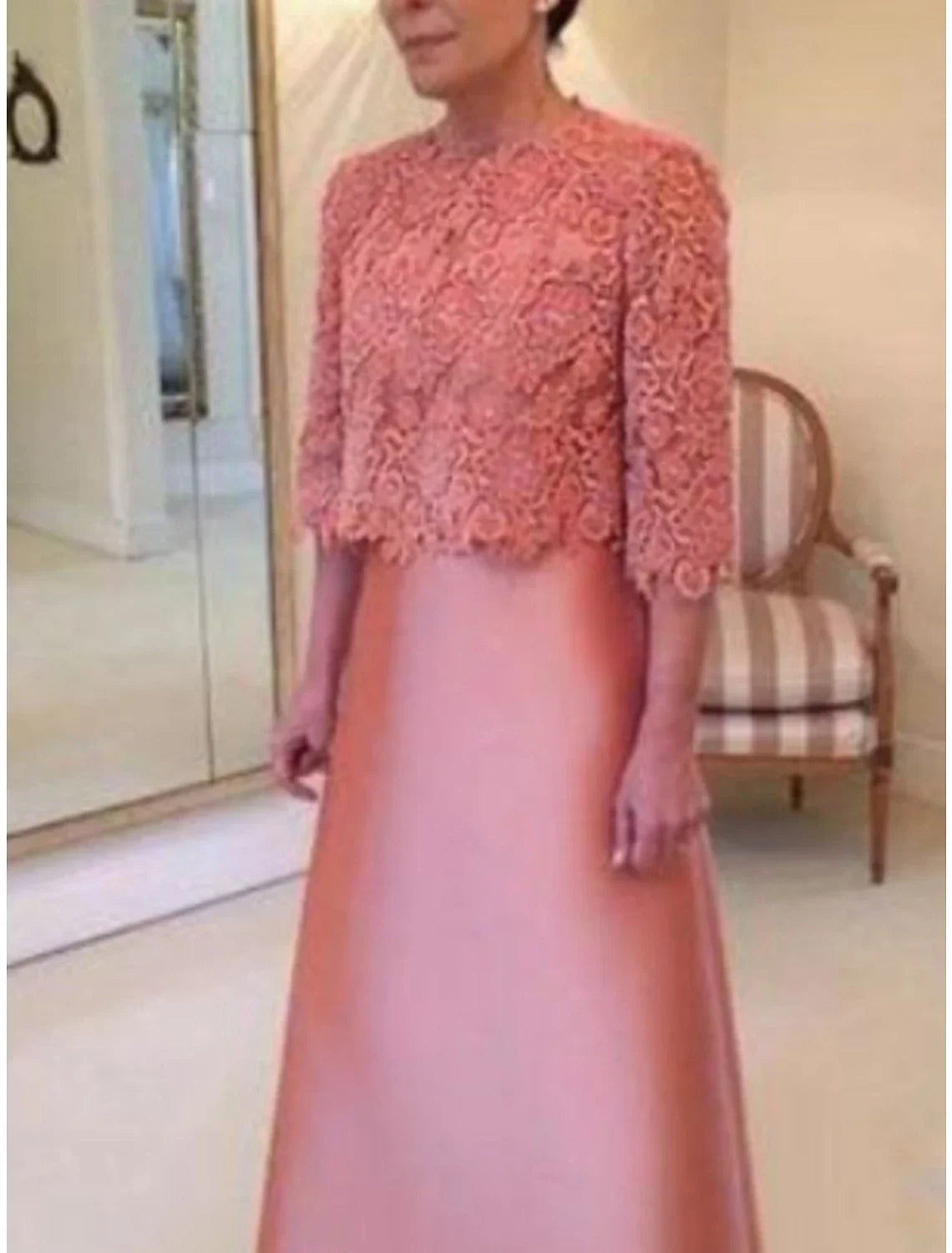 Plus Size Curve Mother of the Bride Dress Wedding Guest Elegant Party Jewel Neck Floor Length Satin Lace 3/4 Length Sleeve with Bow(s)