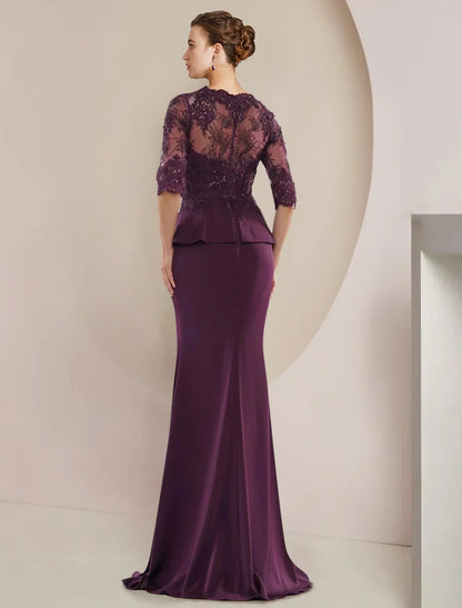 Mermaid / Trumpet Mother of the Bride Dress Formal Wedding Guest Luxurious Elegant V Neck Floor Length Lace Stretch Chiffon Half Sleeve with Beading Ruffles Appliques