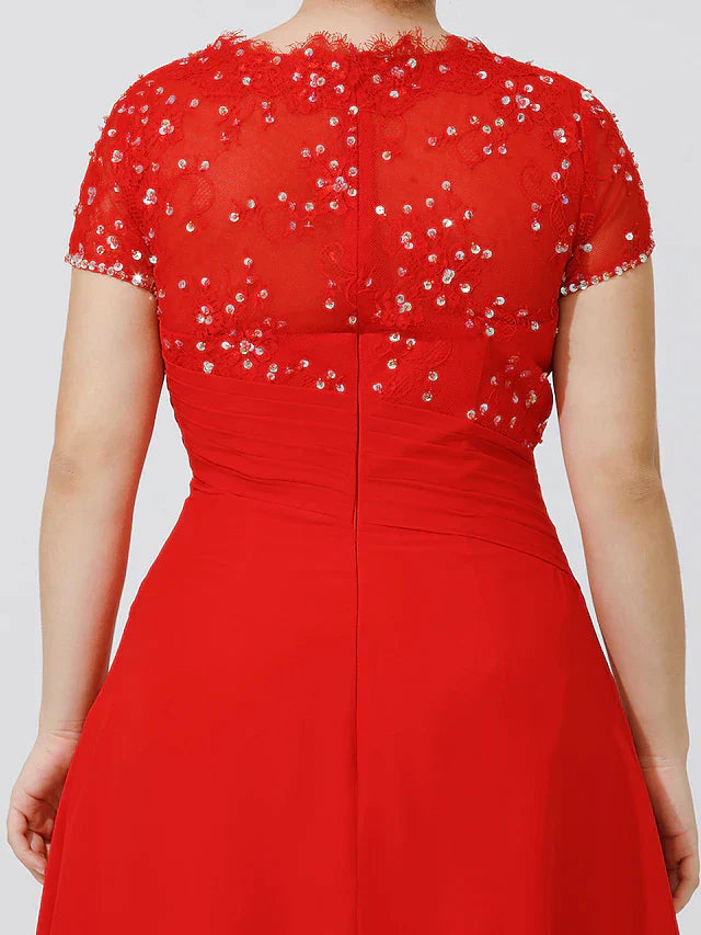 A-Line Mother of the Bride Dress Elegant & Luxurious Beautiful Back Plus Size Jewel Neck Knee Length Chiffon Beaded Lace Short Sleeve No with Pleats Beading Flower