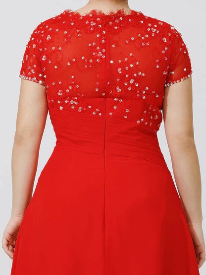 A-Line Mother of the Bride Dress Elegant & Luxurious Beautiful Back Plus Size Jewel Neck Knee Length Chiffon Beaded Lace Short Sleeve No with Pleats Beading Flower