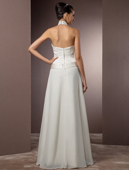 Hall Wedding Dresses Sheath / Column Halter Sleeveless Floor Length Satin Bridal Gowns With Sash / Ribbon  Summer Wedding Party  Women's Clothing