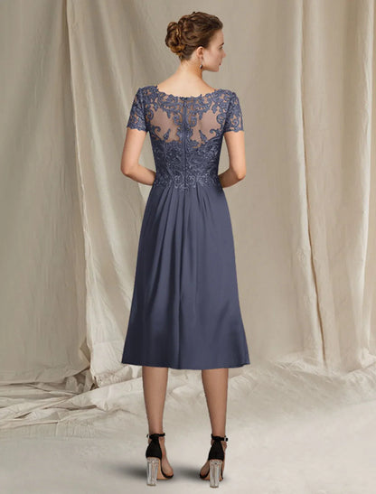 Aimishang A-Line Mother of the Bride Dress Plus Size Elegant V Neck Tea Length Chiffon Lace Short Sleeve with Pleats Appliques