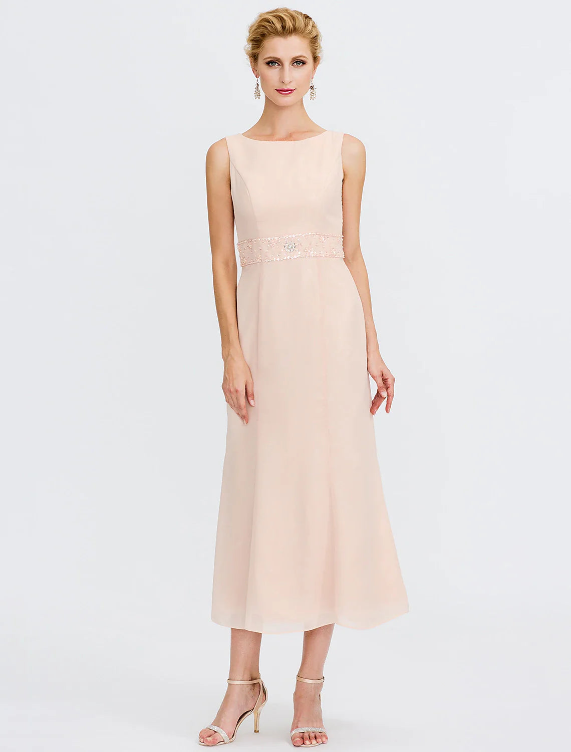 Two Piece Sheath / Column Mother of the Bride Dress Fall Wedding Guest Dresses Plus Size Elegant Jewel Neck Tea Length Chiffon Sleeveless Wrap Included with Sash / Ribbon Pleats Beading