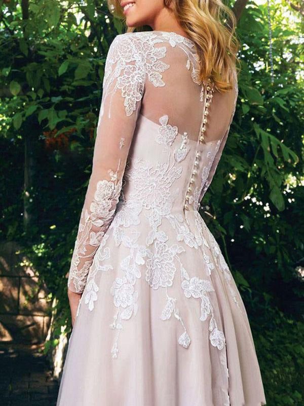 Tulle A Line Wedding Dress with Sleeves Lace Applique Long Sleeve Boho Wedding Bridal Dresses With Train