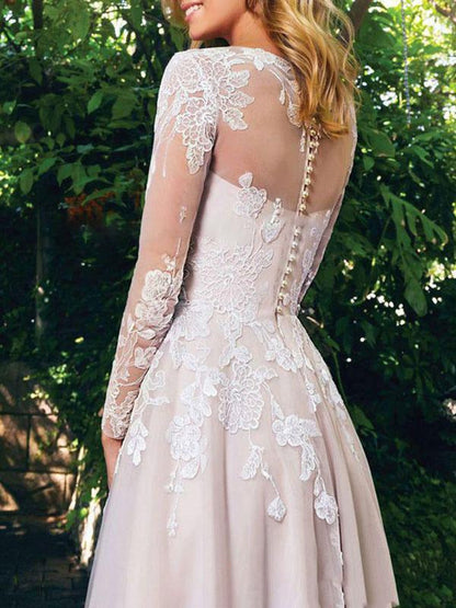 Tulle A Line Wedding Dress with Sleeves Lace Applique Long Sleeve Boho Wedding Bridal Dresses With Train