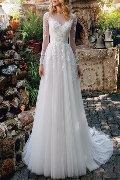 Tulle A Line Wedding Dress with Sleeves Lace Applique Long Sleeve Boho Wedding Bridal Dresses With Train