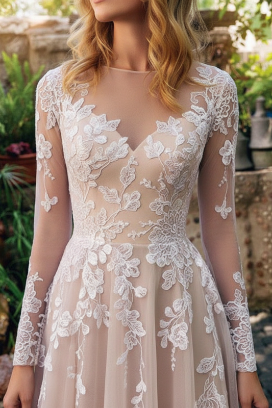 Tulle A Line Wedding Dress with Sleeves Lace Applique Long Sleeve Boho Wedding Bridal Dresses With Train