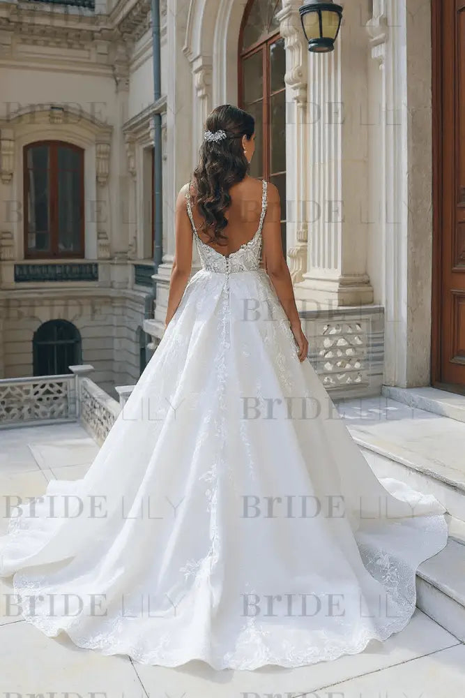 Tulle Lace Aline Wedding Dress Square neck Front Split Bridal Dress