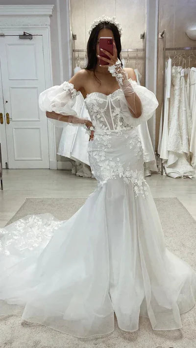Tulle Trumpet Sweetheart Detachable Puff Sleeves Appliques With Tulle Train Wedding Dress Off Shoulder