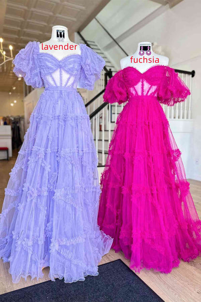 Princess Off-Shoulder Light Blue Ruffle Long Prom Dress with Balloon Sleeves