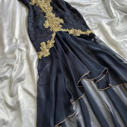 Elegant High Low Straps Black Chiffon Lace Prom Dresses Ruffles Evening Dress HZ1024