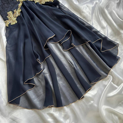 Elegant High Low Straps Black Chiffon Lace Prom Dresses Ruffles Evening Dress HZ1024