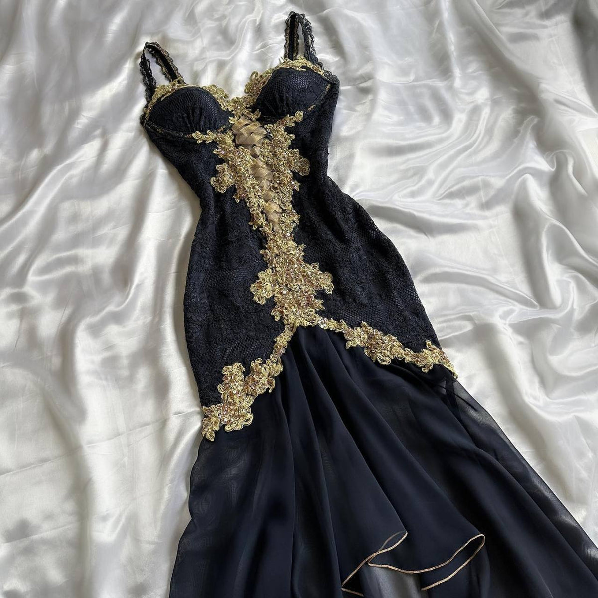 Elegant High Low Straps Black Chiffon Lace Prom Dresses Ruffles Evening Dress HZ1024