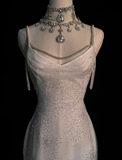 Sexy Mermaid Spaghetti Straps Sequin Long Silver Prom Dresses Evening Dress HZ1024