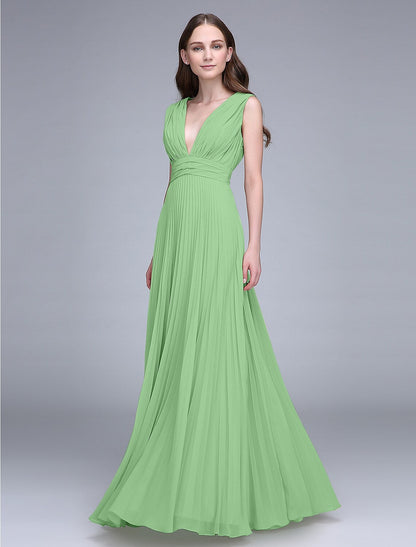 Bridesmaid Dress V Neck Sleeveless Elegant Floor Length Chiffon with Ruched