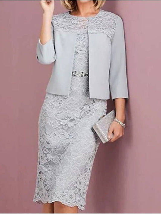 Two Piece A-Line Mother of the Bride Dress Jewel Neck Knee Length Lace Long Sleeve Short Jacket Dresses with Lace - RongMoon