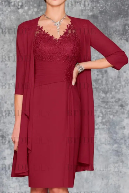 Two Piece Ruffle Chiffon Mother of the Bride Outfit Lace Short Wedding Guest Dress