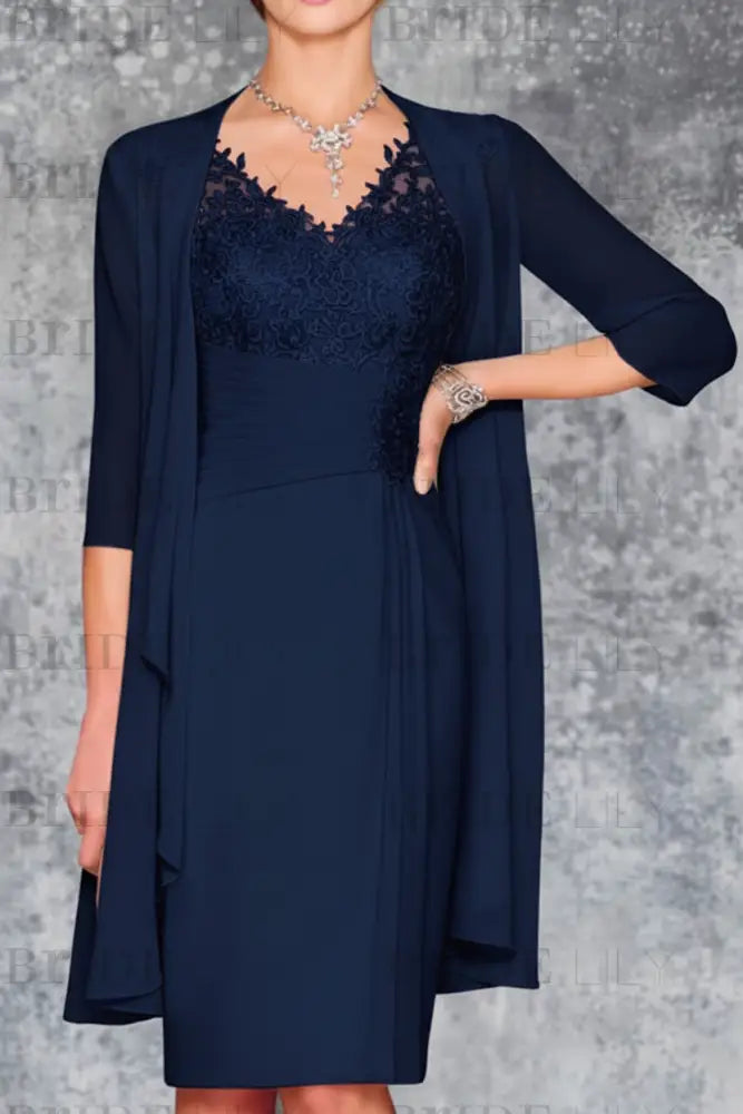 Two Piece Ruffle Chiffon Mother of the Bride Outfit Lace Short Wedding Guest Dress
